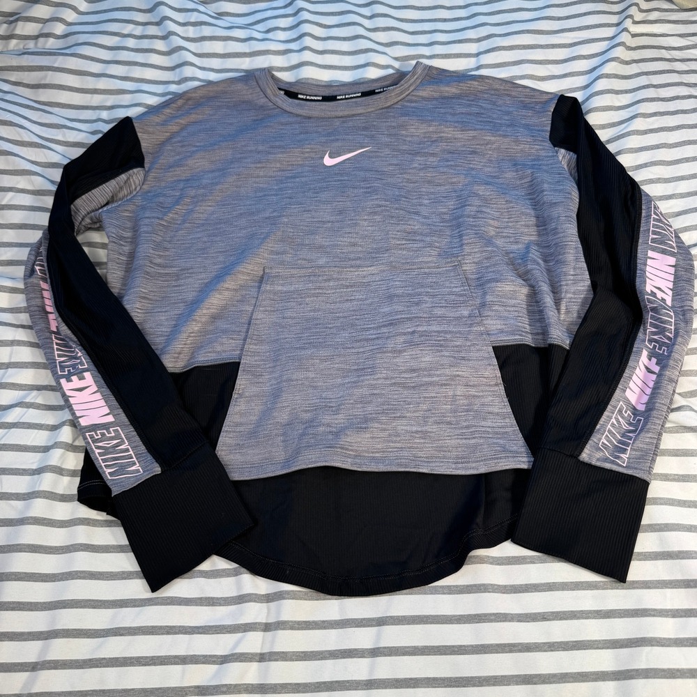 Nike Running Dri-FIT Long Sleeve Shirt Grey Black Pink XL Thumbholes Kangaroo